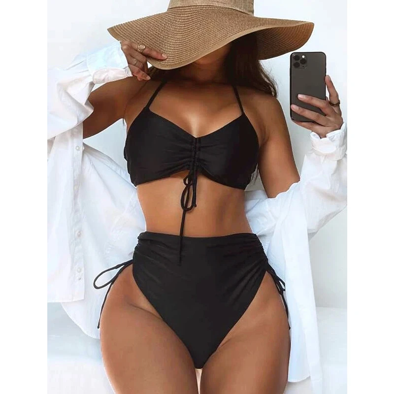 bikini sets for women Black High Waist Sexy Bikinis Push Up Women Swimsuits Swimwear  Drawstring Biquini Set Women Solid Ruched Beachwear 2022 Summer gold bikini set