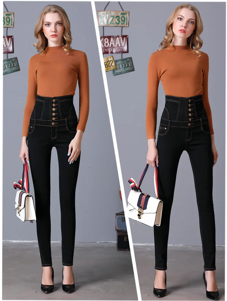 Женские джинсы с высокой талией, весна и осень, новая Корейская версия обтягивающих стрейчевых брюк с пряжками и узким карандашом