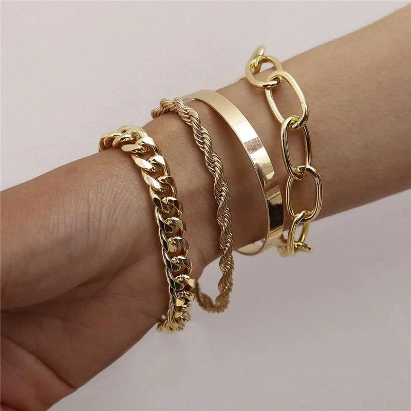 Simple 4pcs Punk Curb Cuban Chain Bracelets Set for Women Miami Boho Thick Gold Color Charm Bracelets Bangles Fashion Jewelry