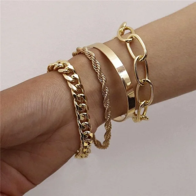 Simple 4pcs Punk Curb Cuban Chain Bracelets Set for Women Miami Boho Thick Gold Color Charm Bracelets Bangles Fashion Jewelry Gold
