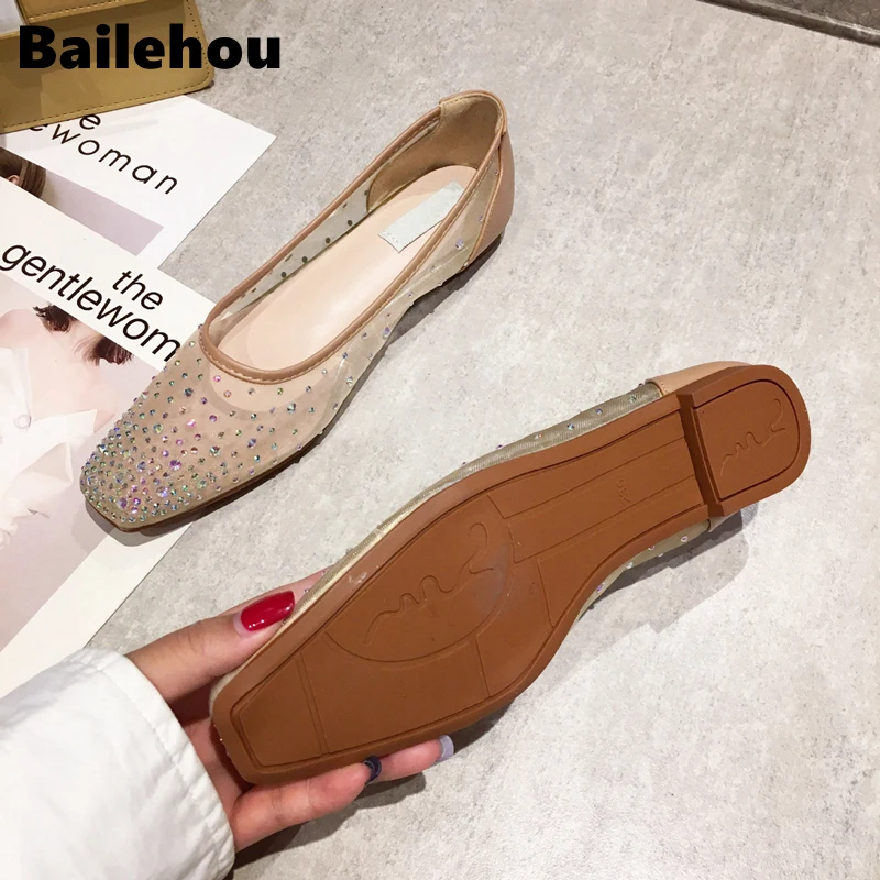 Bailehou/Женская обувь на плоской подошве; новые летние модные женские лоферы со стразами; сетчатая повседневная обувь; женская неглубокая мягкая обувь на плоской подошве