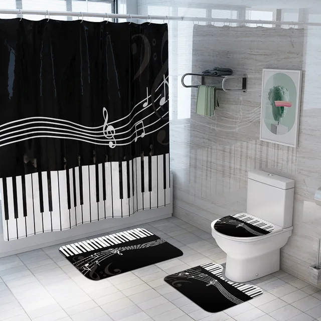 후크가있는 4 개/대 곰팡이 샤워 커튼 세트 피아노 키 음악 욕실 매트 세트 미끄럼 방지 러그 변기 커버 목욕 매트 세트