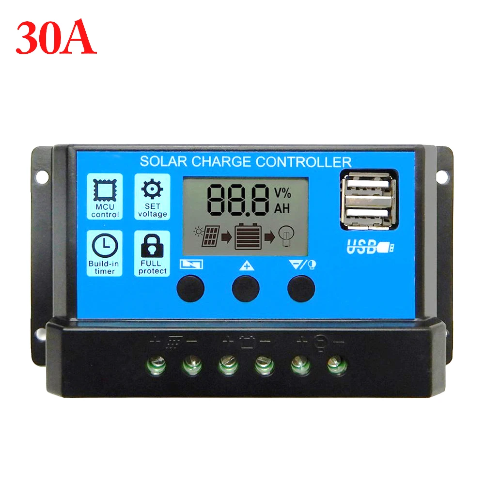 60A/50A/40A/30A/20A/10A 12V 24V Auto Solar Charge Controller PWM Controllers LCD Dual USB 5V Output Solar Panel PV Regulator