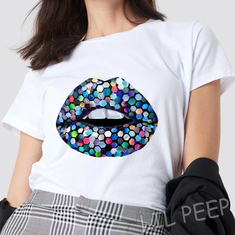 

New Arrival Punk 2019 Sequin Lips Women Summer Short Sleeve T Shirts 100% Cotton Korean Style Women Kawaii Print 90s Haut Femme
