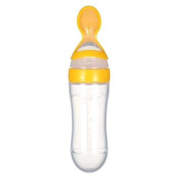 

90ml/3oz Baby Food Dispensing Spoon Bottle Silicone Squeeze Feeder Juice Cereal Supplementary Food Feeding Bottle--Yellow