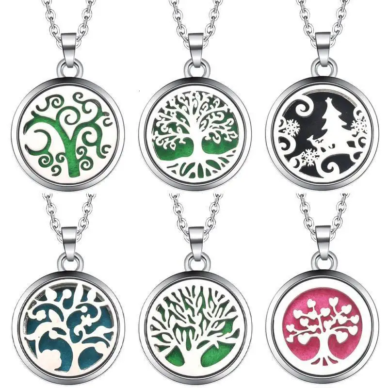 Tree Of Life Aroma Box Necklace Magnetic Stainless Steel Aromatherapy Essential Oil Diffuser Perfume Box Locket Pendant Jewelry