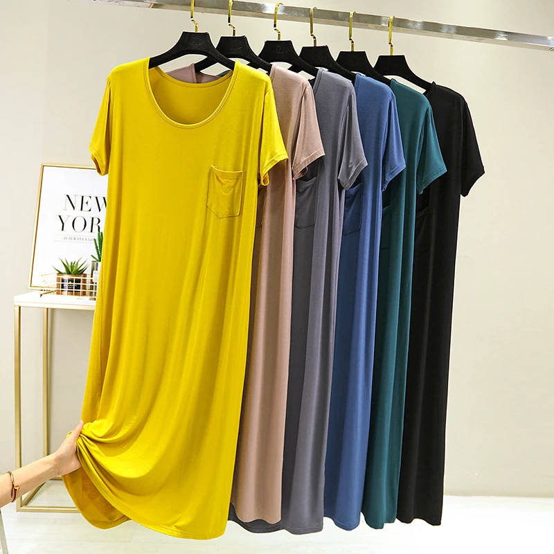 

2022 Women Summer Dress Casual O-neck Short Sleeve Beach Modal Cotton Long Black Night Dress Vestido De Verano Frocks for Lady