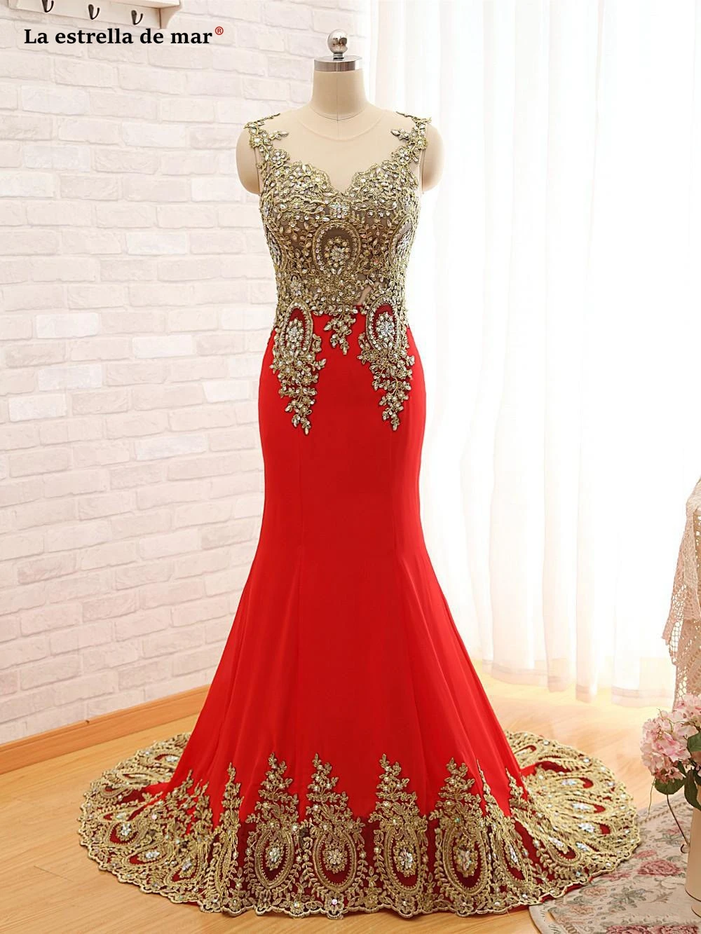 Vestido de Festa, Новое кружевное платье с кристаллами, атласное Красный черного и золотого цвета сексуальное вечернее платье из шифона Русалка из