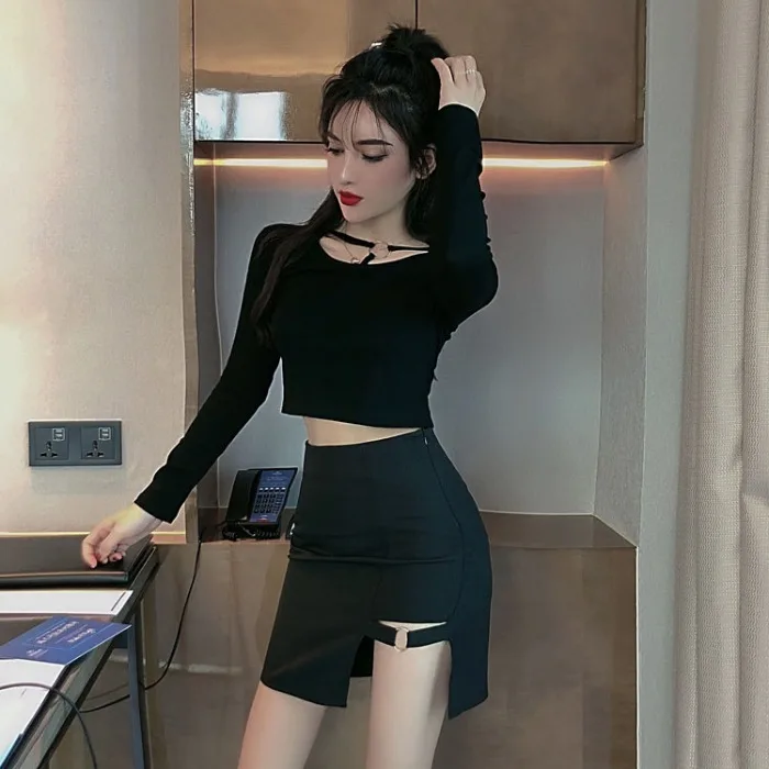 

2019 Early Autumn New Style Korean-style Elegant-Circular Ring Long Sleeve Short Navel T-shirt + High Waist Skirt Two-Piece Set