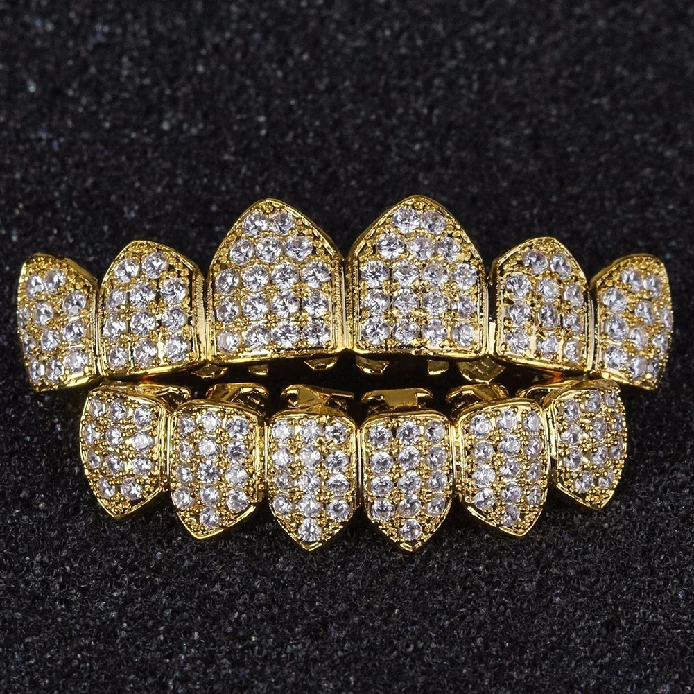 

1 Set Metal Mouth Caps Teeth Grill Plated Rhinestone Top Bottom Gift Classic Open Face Party Decoration