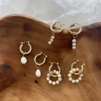 Baroque Pearl Gold Color Hoop Earrings For Women Thick Circel Round Hoops Pearl Beads Ear Rings Korean 2020 Jewelry
