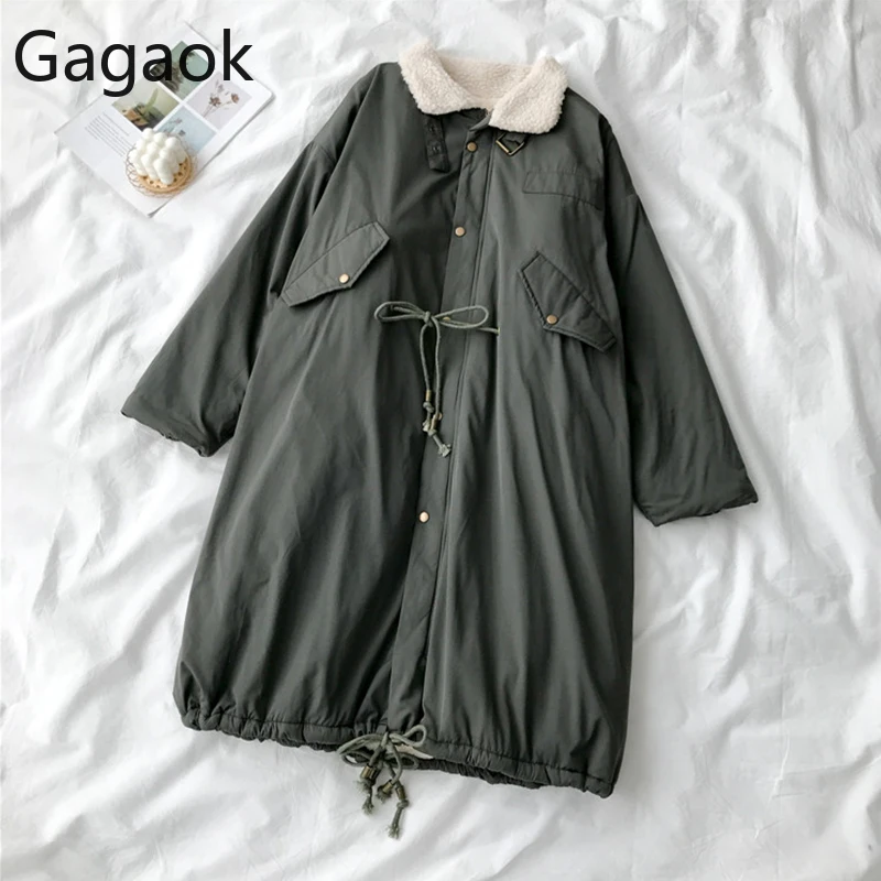 Gagaok, женские модные теплые парки, зимние однотонные, на молнии, с меховым воротником, толстая, Регулируемая Талия, на молнии, на пуговицах, женские пальто Harajuku