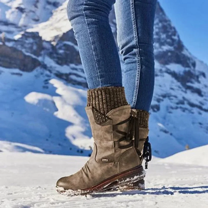 Зимние сапоги; женские дизайнерские зимние сапоги; Женская обувь в стиле панк; ботинки до середины икры на шнуровке; Теплая обувь; Zapatos De Mujer