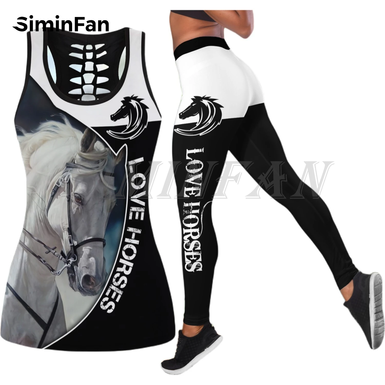 

Love Horse Animal Two Pieces Yoga Sets Women 3D Printed Hollow Out Tank Top Leggings Summer Vest Casual Sportswear Pant Suits S4