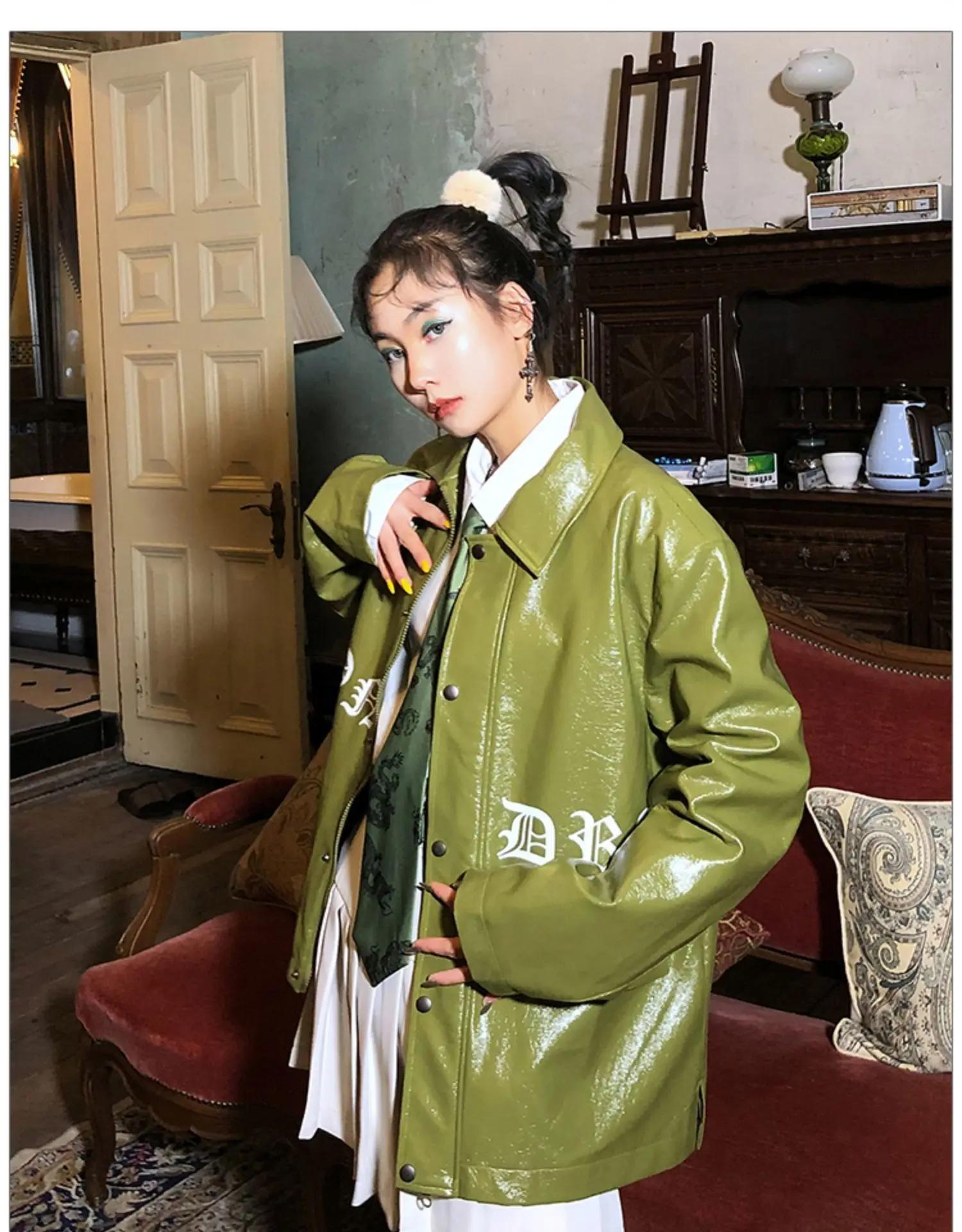 Винтажное Женское пальто свободного кроя из искусственной кожи с длинным рукавом, уличный стиль панк, женская зеленая куртка с карманами