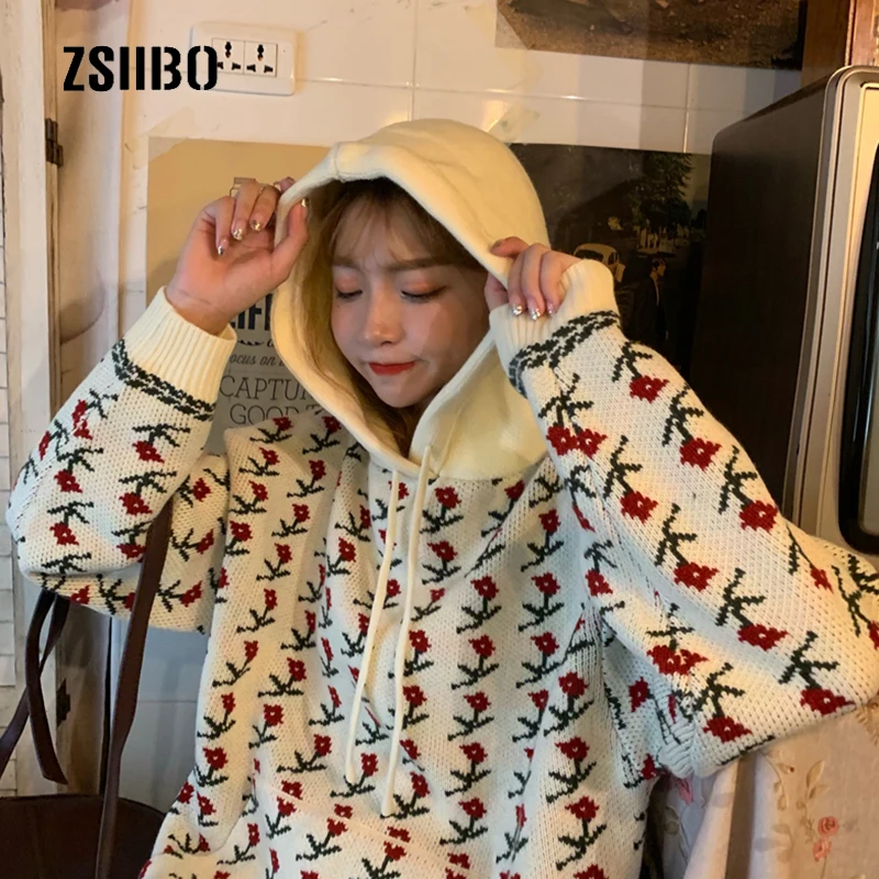 Осень Корея ins Harajuku сладкий цветок вышивка с капюшоном с длинным рукавом свитер Женская мода Свободный с Капюшоном Повседневный женский свитер