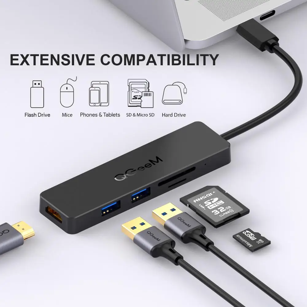 QGeeM USB C концентратор для Macbook Pro type C концентратор для HDMI USB 3,0 TF SD Мульти USB 3,1 концентратор адаптер для iPad Pro OTG Разветвитель USB C док-станция