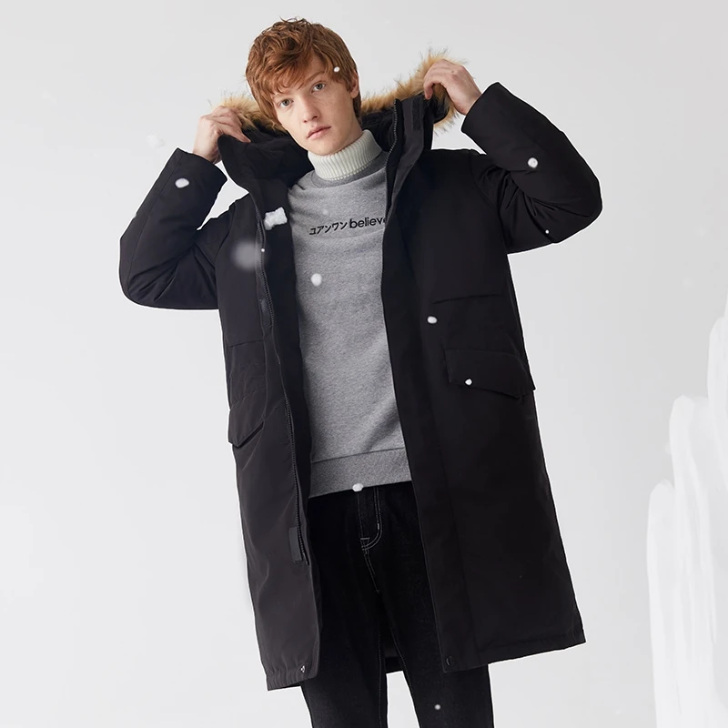 SEMIR пуховик для мужчин зимняя новая Длинная утепленная куртка с меховым воротником и капюшоном трендовая теплая куртка coldbreak пуховое пальто для мужчин - Цвет: black