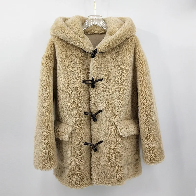 

Ladies Merino Wool Hooded Coat Winter Fluffy Velvet Coat Female Long Sleeve Loose Sweet Cute Windbreaker Jacket Beige Overcoat