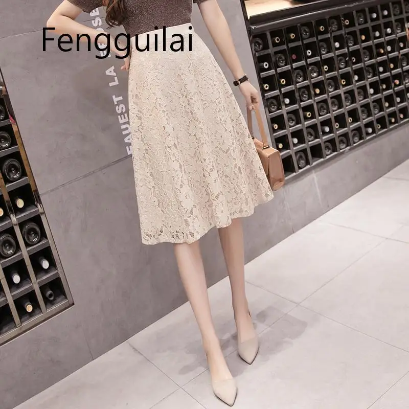 Women Skirt 2020 Spring Summer Skirts Womens Office Lady Elegant Lace Skirt High Waist A Line Midi Skirt Knee Length Jupe Femme