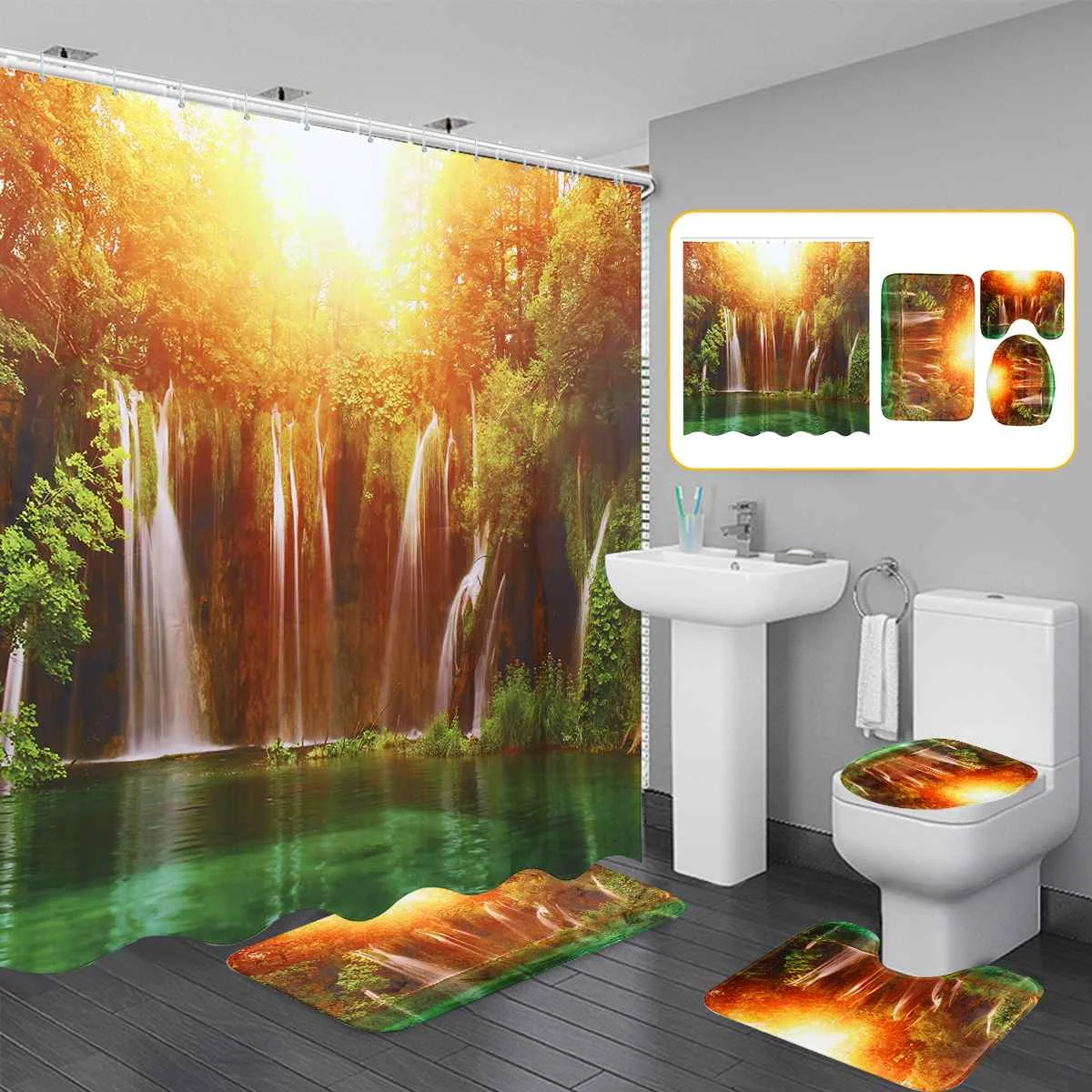 3D Waterfall Landscape Waterproof Bathroom Shower Curtain Rug Set