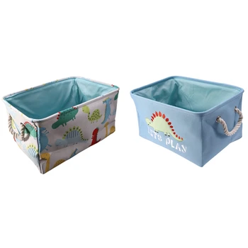 

2pcs Dinosaur Cartoon Canvas Storage Basket for Toys Child Folding Laundry Basket Dirty - white & Light blue