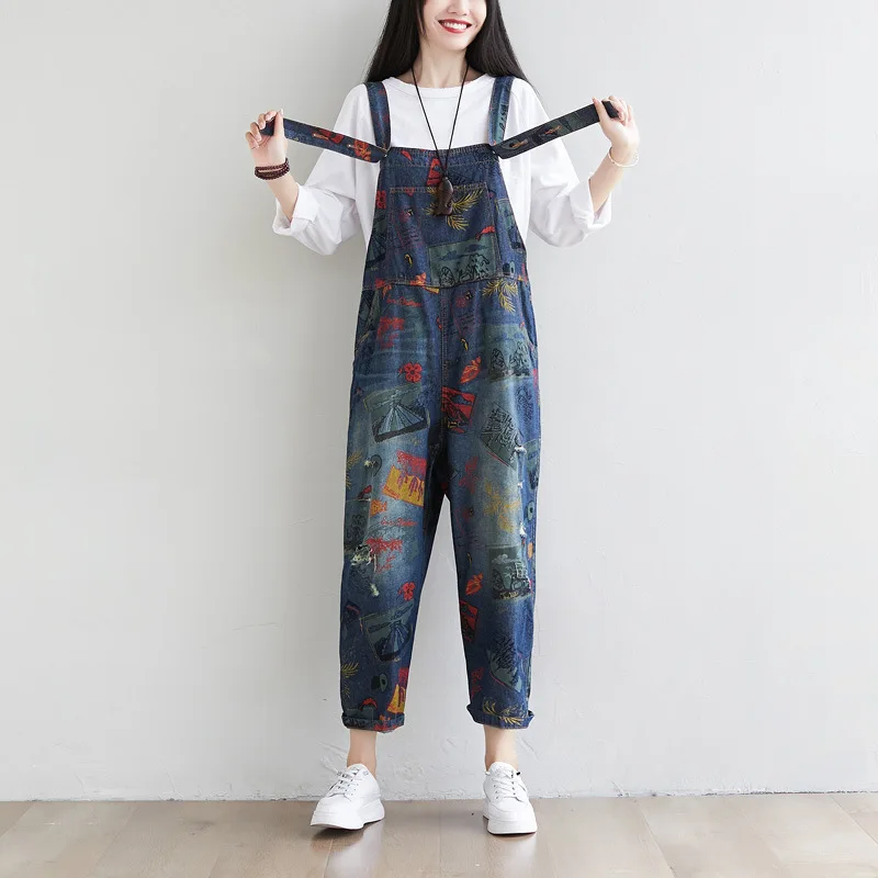 Women Denim Jumpsuit 2020 Autumn Plus Size Ripped Jeans Overalls with Pockets Print Loose Casual Baggy Pants