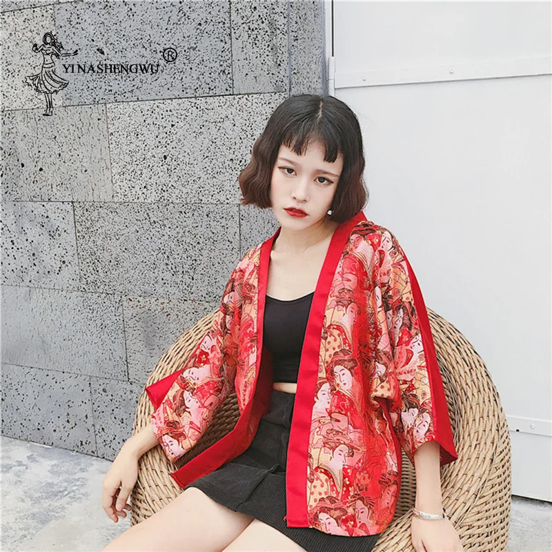Japanese Kimono Cardigan Yukata Women Harajuku Embroidery Kabukicho Kimono Bat Sleeves Loose Red Cardigan Kimono Tide Clothes