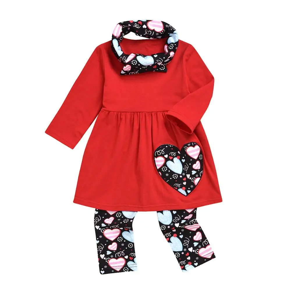 

3Pcs Girls Pink Valentines Day Clothes Set Toddler Heart Tunic with Crochet Trim, Kids Love Print Leggings & Scarf Set