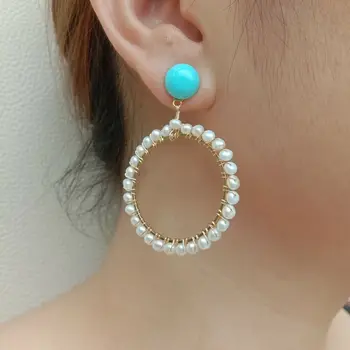 

3-4mm Cultured White Pearl Blue Turquoise Hoop Earrings 14kt Yellow Gold