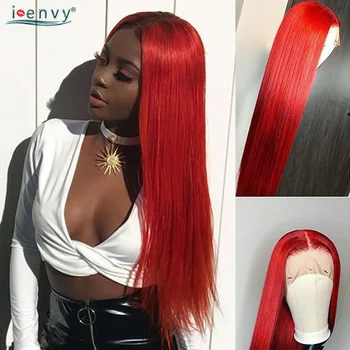 

Hot Red Lace Front Wig Human Hair Straight Transparent Lace Front Wig 13X1 Middle Part Brazilian Human Hair Wigs Red Remy 180%