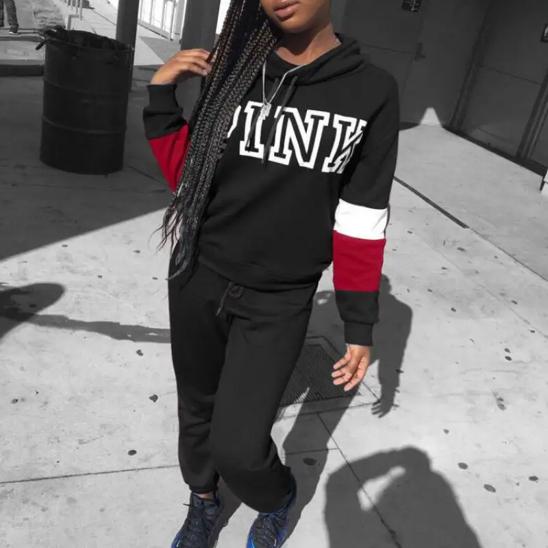 

Sporty Casual Two Piece set Fall Winter Women's Sets Pink Letter Print Tracksuit Street 2pcs Outfits Hoody Jogger Set Sweatsuits