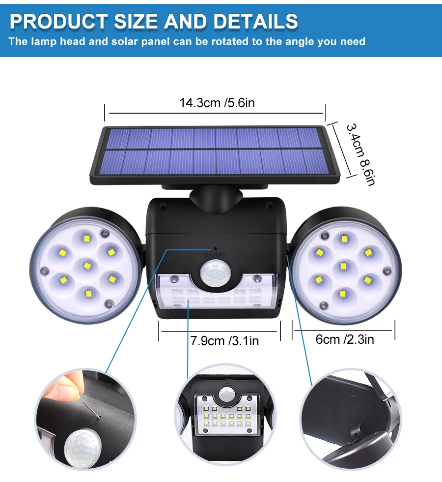 Двойной головной солнечный светильник Открытый водонепроницаемый сад настенный солнечный светильник с 30 светодиодами регулируемый угол безопасности освещения 500lm