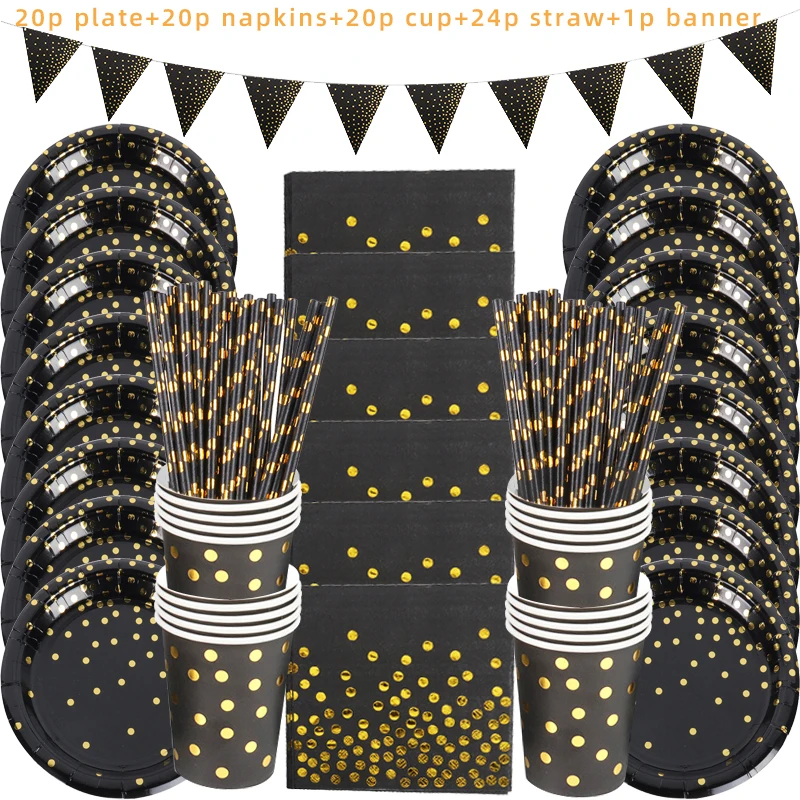

Party Disposable Tableware set Supplies for Party Decorations Kids Adult black rose gold Paper Plate Cup Tablecloths supplies