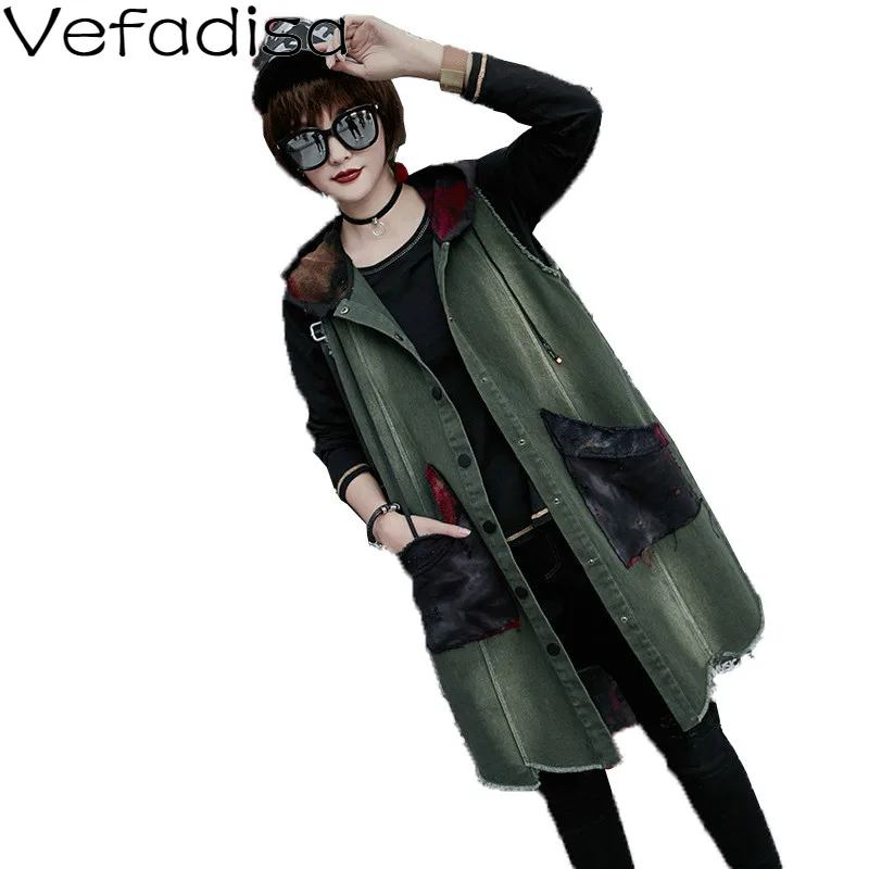 

Vefadisa Autumn Woman Cotton Cowboy Irregular Jacket hooded Spliced Jacket Single Breasted Sleeveless Loose Jacket 2019 QYF023