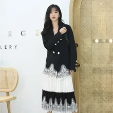 Осень-зима, новая Корейская винтажная плиссированная юбка с высокой талией, свободная кружевная панель, длинные юбки для женщин, волнистая юбка, женская одежда