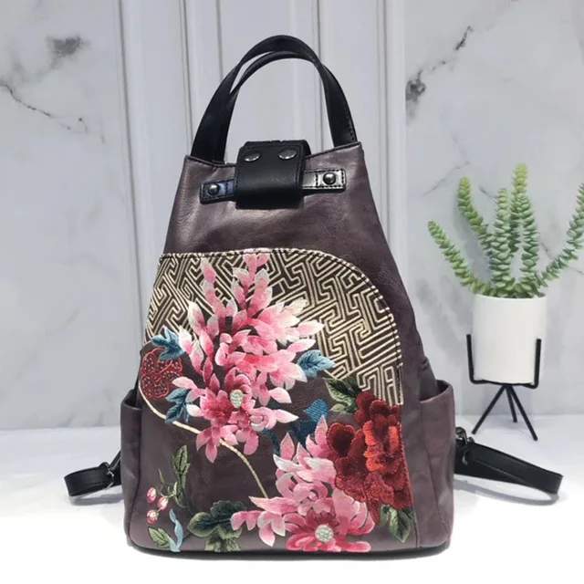 Bags Women Retro Chinese Style Embroidery Luxury women's Backpack PU Leather Personality All-match Casual Female Bag Purple