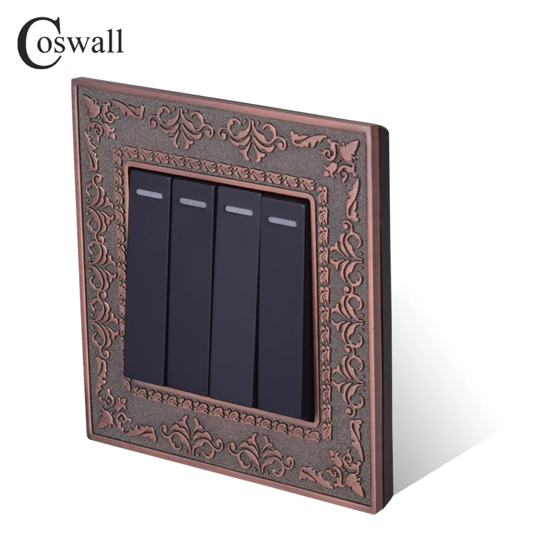 Coswall Zinc Alloy Metal Panel 4 Gang 1 Way Wall Switch 4D Embossing Retro Luxury On / Off Light Switch 16A AC 110~250V