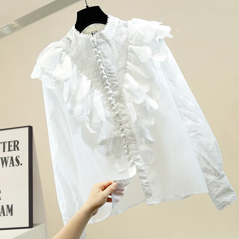 

Retro Ruffle Lace Crochet Stand-Collar Stitching Perspective Shirt Women's Single Breasted Top White Blouse Ladies Party Tops