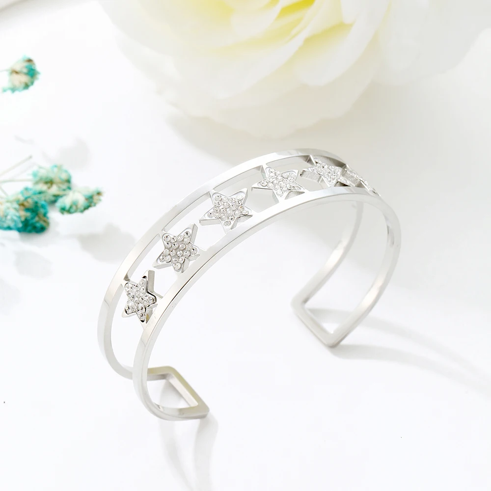 

2019 New Trend Luxury White Crystal Star Bangle for Women Yellow Gold Color Stainless Steel Bangle Fashion Jewelry Gift 2019