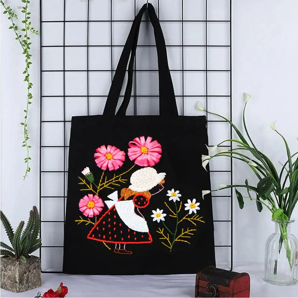 Bolso de mano con bordado de flores para mujer, bolsa de hombro de lona, de de bolsas de compras para almacenamiento de libros| Bordado| - AliExpress