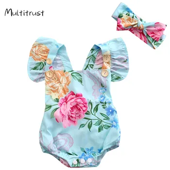 

Newborn Toddler Baby Girls Clothes Floral Playsuit Flying Sleeve Bodysuits Jumpsiut Headband+Gilrs BodysuitsOutfits Set 0-24M