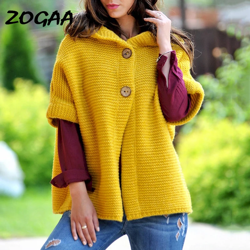 

ZOGAA Women Hooded Sweater Cardigan 2019 Autumn and Winter Solid Short Sleeve Button Knitted Sweater Coat Cardigan Cloak S-XXXL
