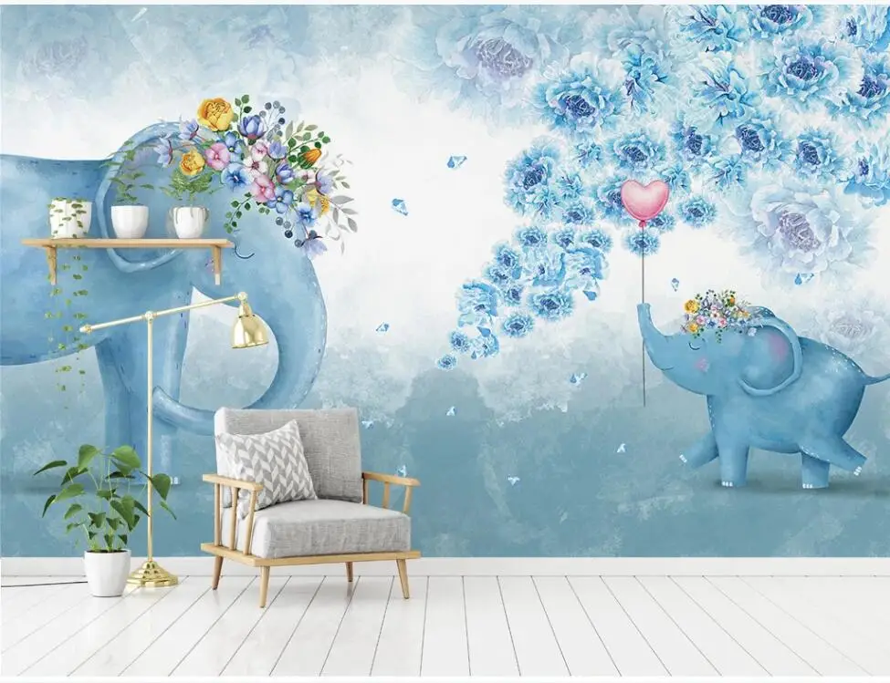 

XUE SU Large custom mural wallpaper Nordic hand-painted elephant flower children bedroom living room TV background wall covering