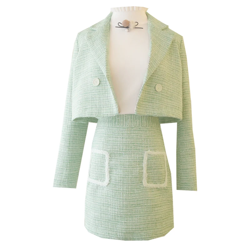 set and sweater SWEETXUE Модный женский осенний комплект Небольшой аромат темперамент твид короткая куртка+ тонкий Высокая талия юбка с карманами, комплект из двух вещей - Цвет: set and sweater