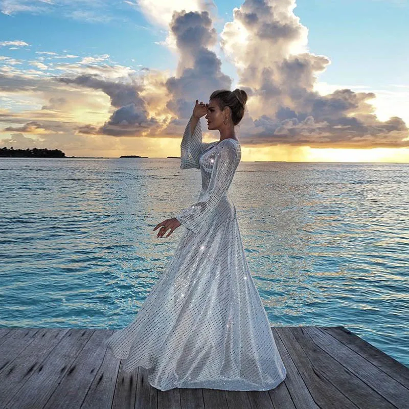 Женское пляжное платье макси однотонное с v-образным вырезом и длинным рукавом