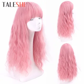 

Long Pink Wigs with Bangs Water Wave Heat Resistant Wavy Hair Synthetic Wig for Women African American Lolita Cosplay Party Hair