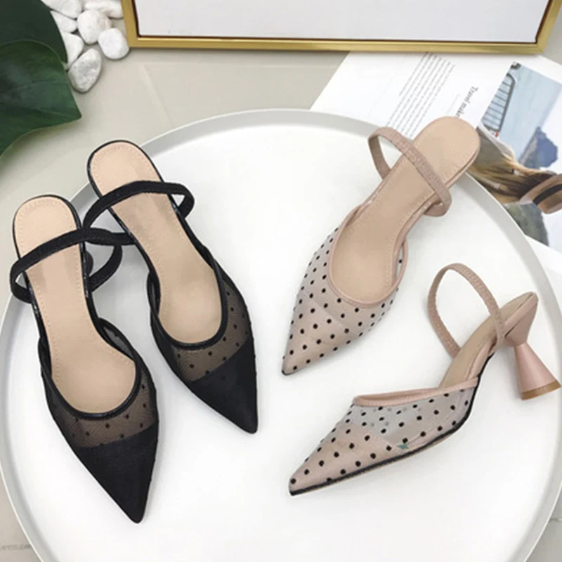 

QWEDF Fashion Polka Dot High Heel Women Sandals Pointed Toe Lace Mules Sandals Shoes Vintage Geometry Heel Women Sandals AH-41