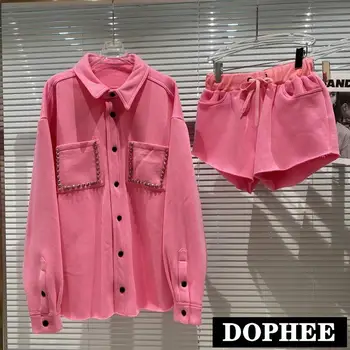

2020 Autumn Winter Single Breasted Pocket Rivet Velvet Shirt Coat Elastic Waist Shorts Pink Two Piece Set Women Outfits