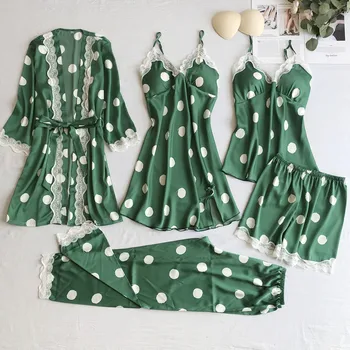 

Summer 5 Pieces Pajamas Set Satin Ice Silk Polka Dot Print Sexy Lace Robe Pajamas Long Sleeve Nightwear Loose Homewear Pijamas
